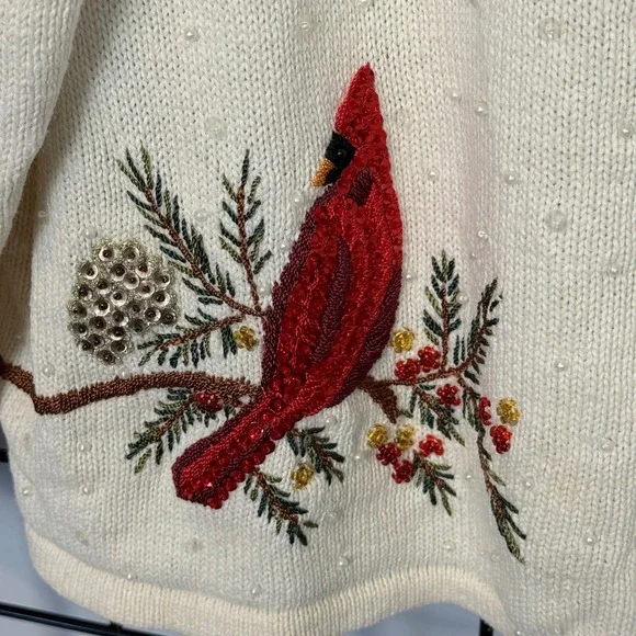 Vintage Ms Lee Cardigan Sweater Womens 2X Ivory Art to Wear Cottagecore Cardinal - Picture 3 of 12